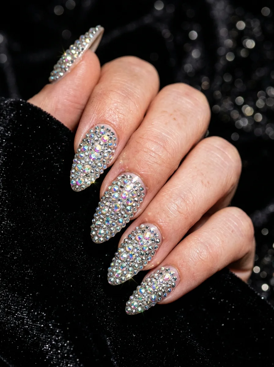 Bedazzled almond nails with dense crystal rhinestone coverage