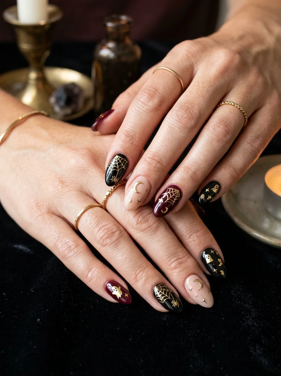 Dark burgundy and black nails with metallic gold Halloween detailing