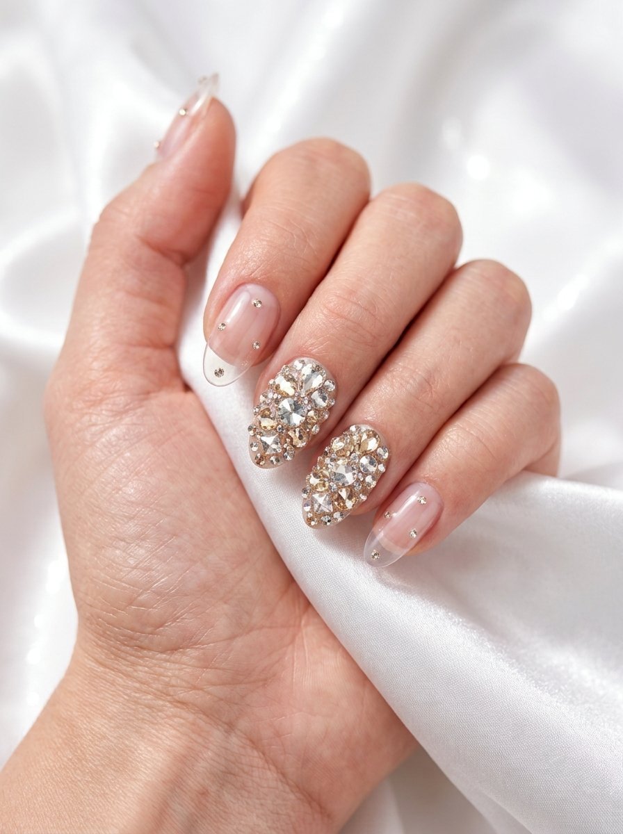 Short almond nails with champagne and clear crystal accents on silk