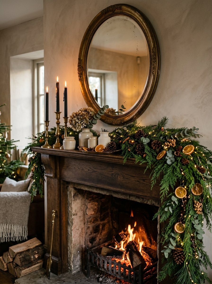 Christmas mantel with an oval gilt mirror, cedar garland, dried orange slices and candles above a lit fire