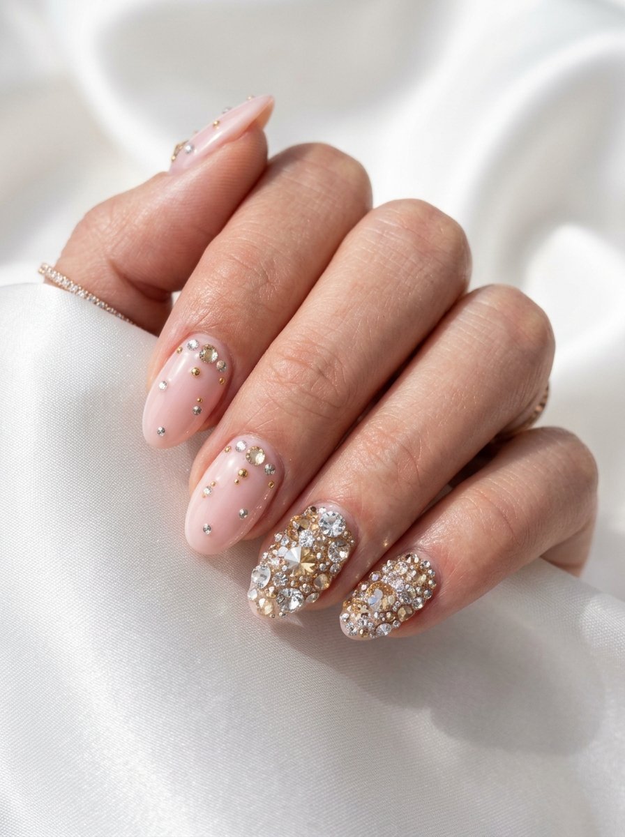 Crystal rhinestones clustered on a soft pink base manicure
