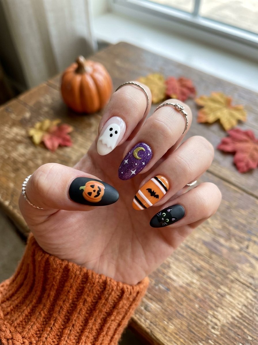 Cute Halloween nails with white ghosts on a pale base surrounded by pumpkins