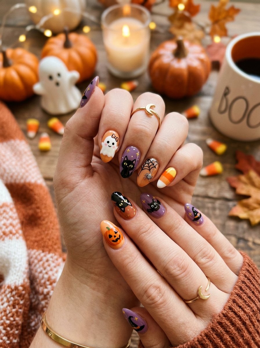Cute pastel Halloween nails with ghost accents among pumpkins