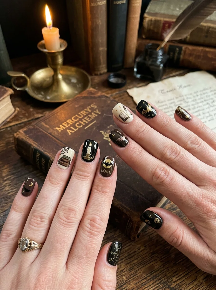 Dark academia Halloween nails in deep green and black with gold detailing
