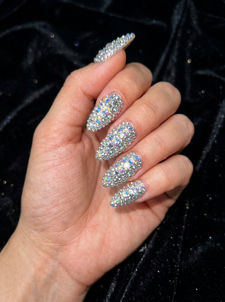 Bedazzled manicure with iridescent rhinestones catching the light