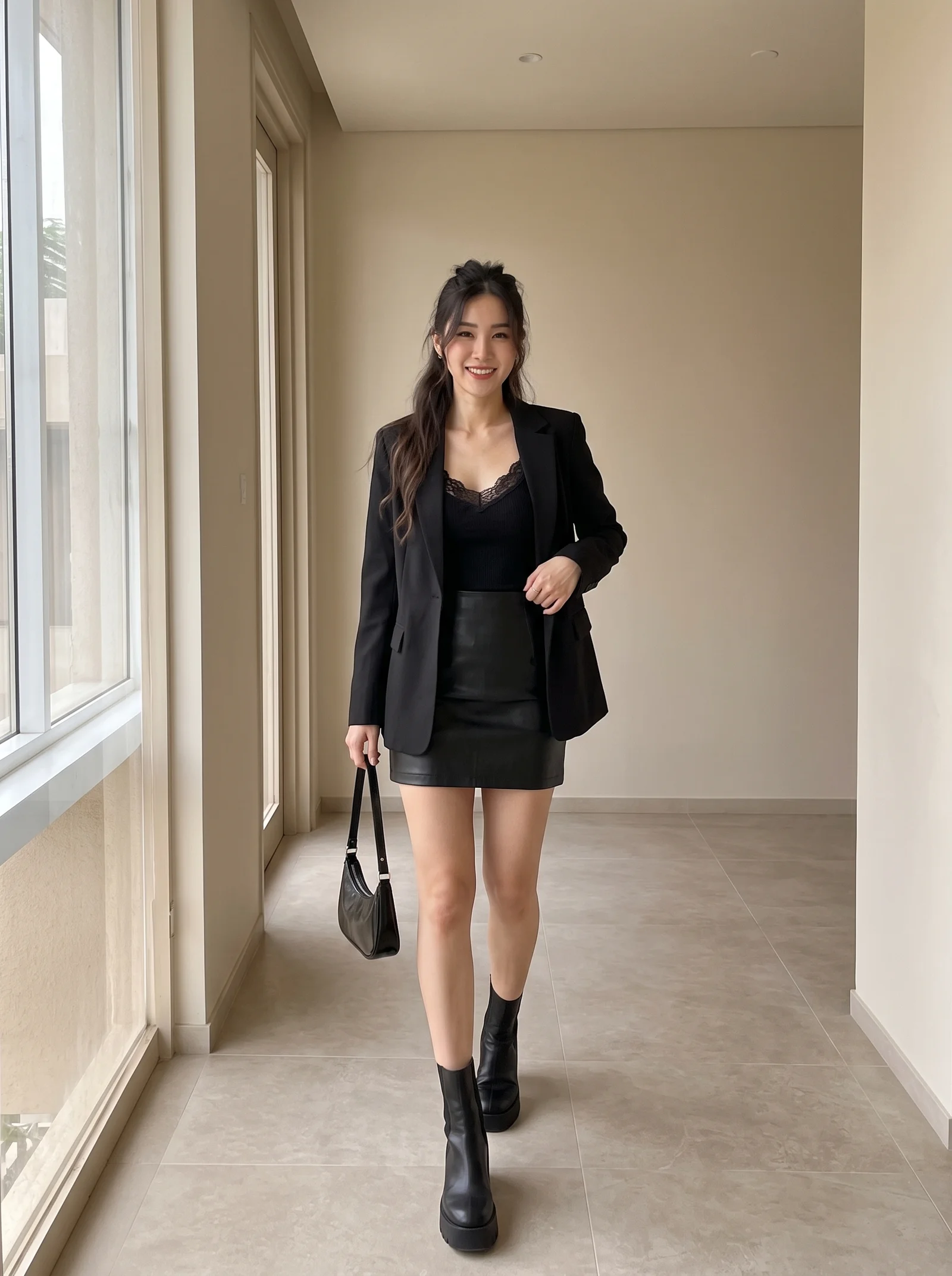 Black blazer, leather mini skirt and black ankle boots in a mirror shot