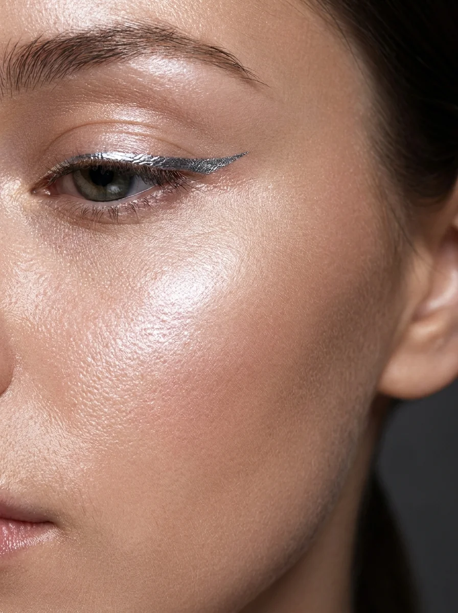 Close-up of glossy long-wearing dewy makeup on skin