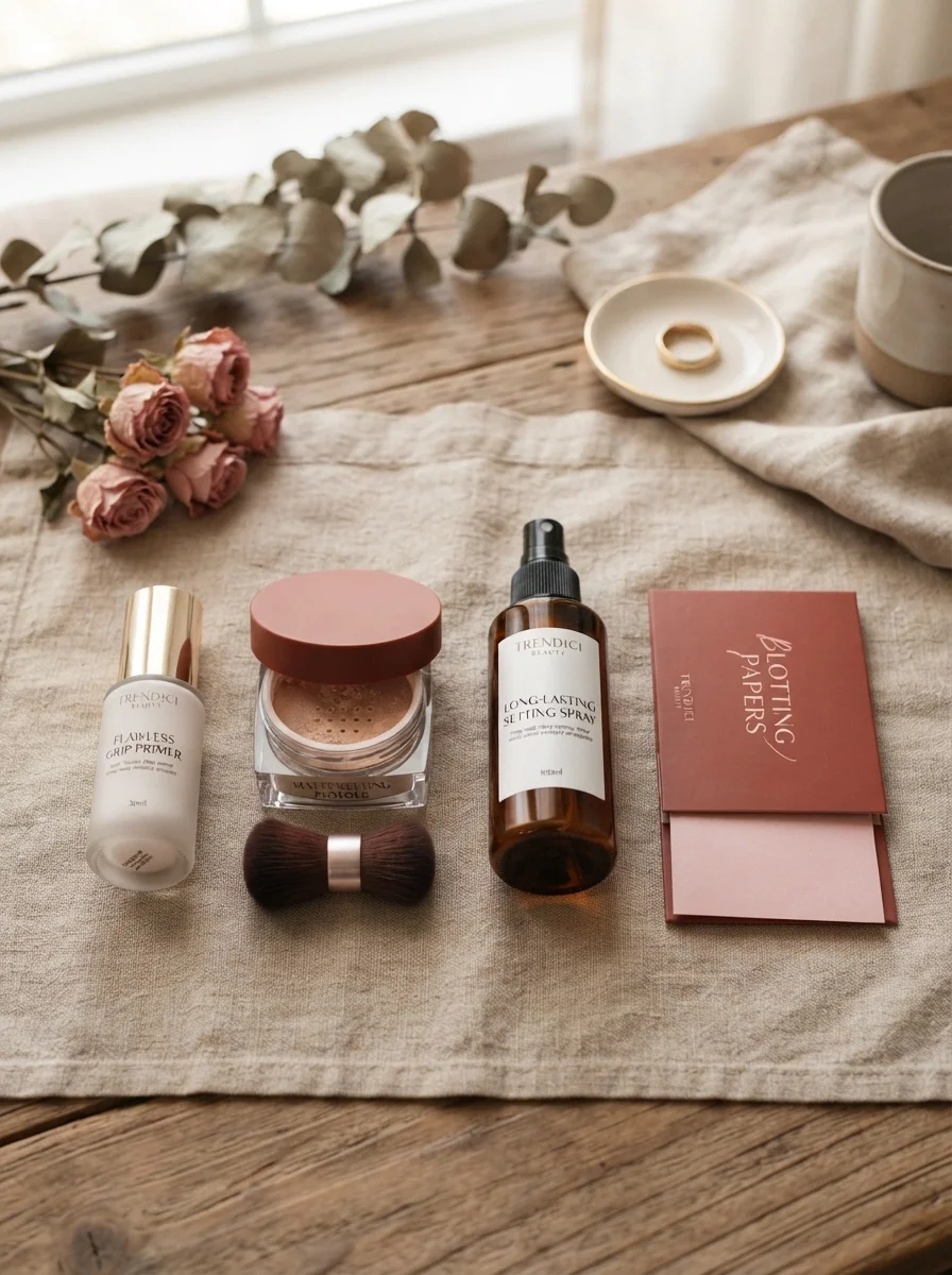 Flat lay of long-wear makeup products
