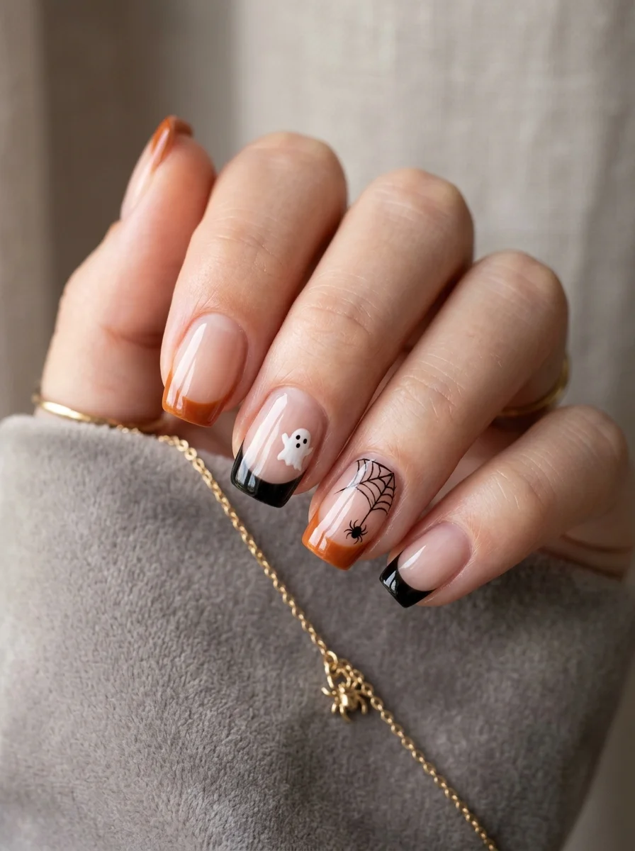 Minimalist Halloween nails in nude with fine black and orange tip accents