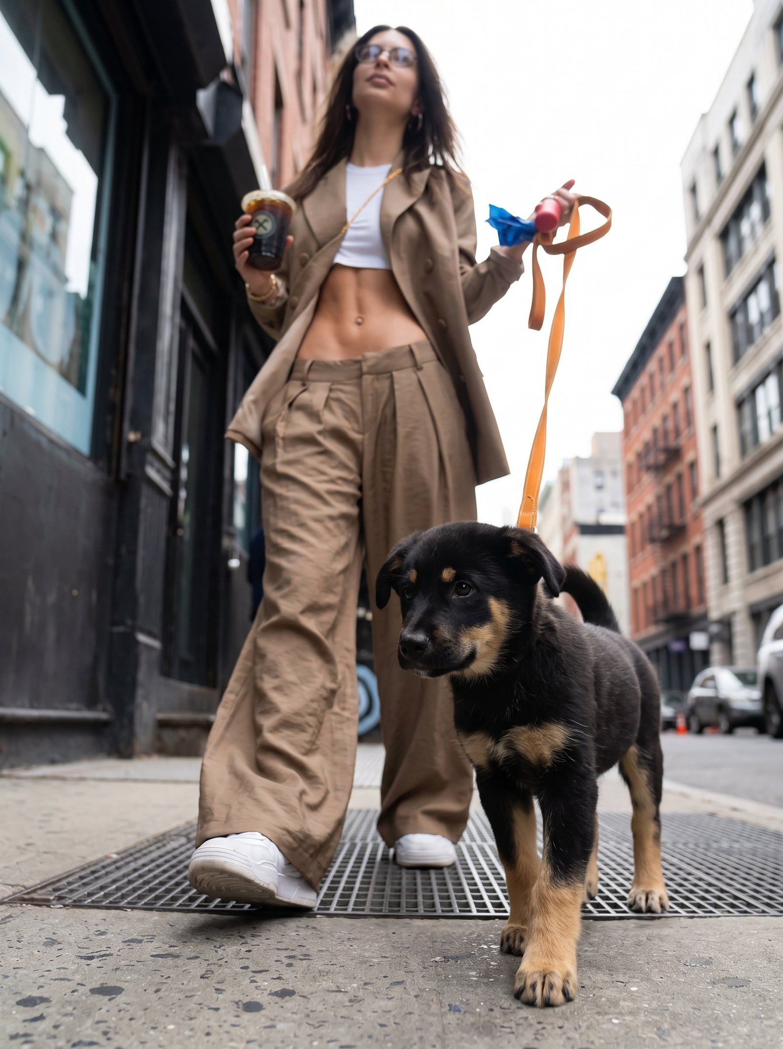 Woman in an oversized tan blazer and wide-leg trousers with white trainers
