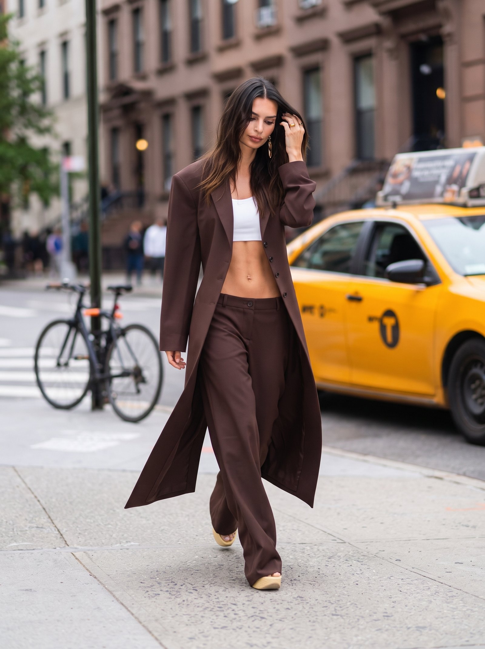 Brown wide-leg trousers, white crop top and long brown coat on a city street