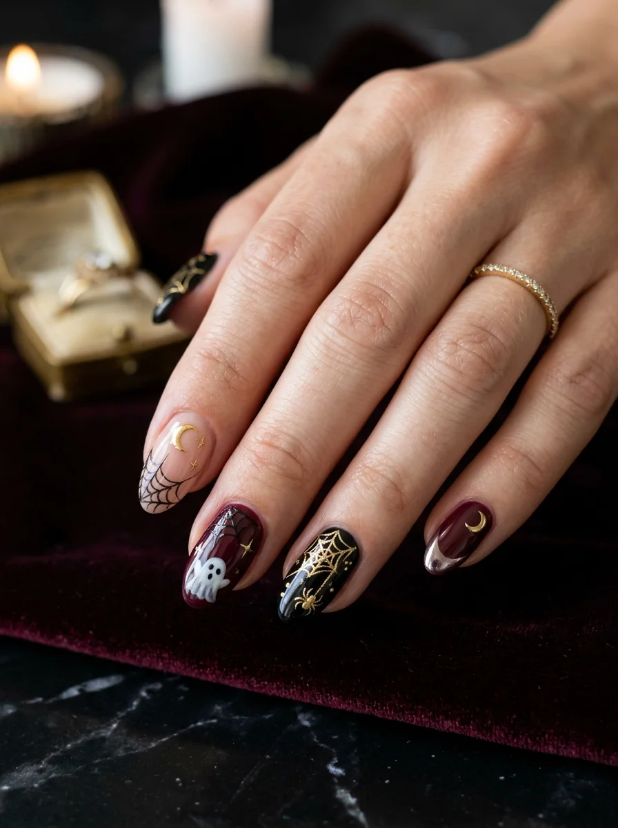 Deep oxblood nails with gold ghost accents, photographed on dark marble