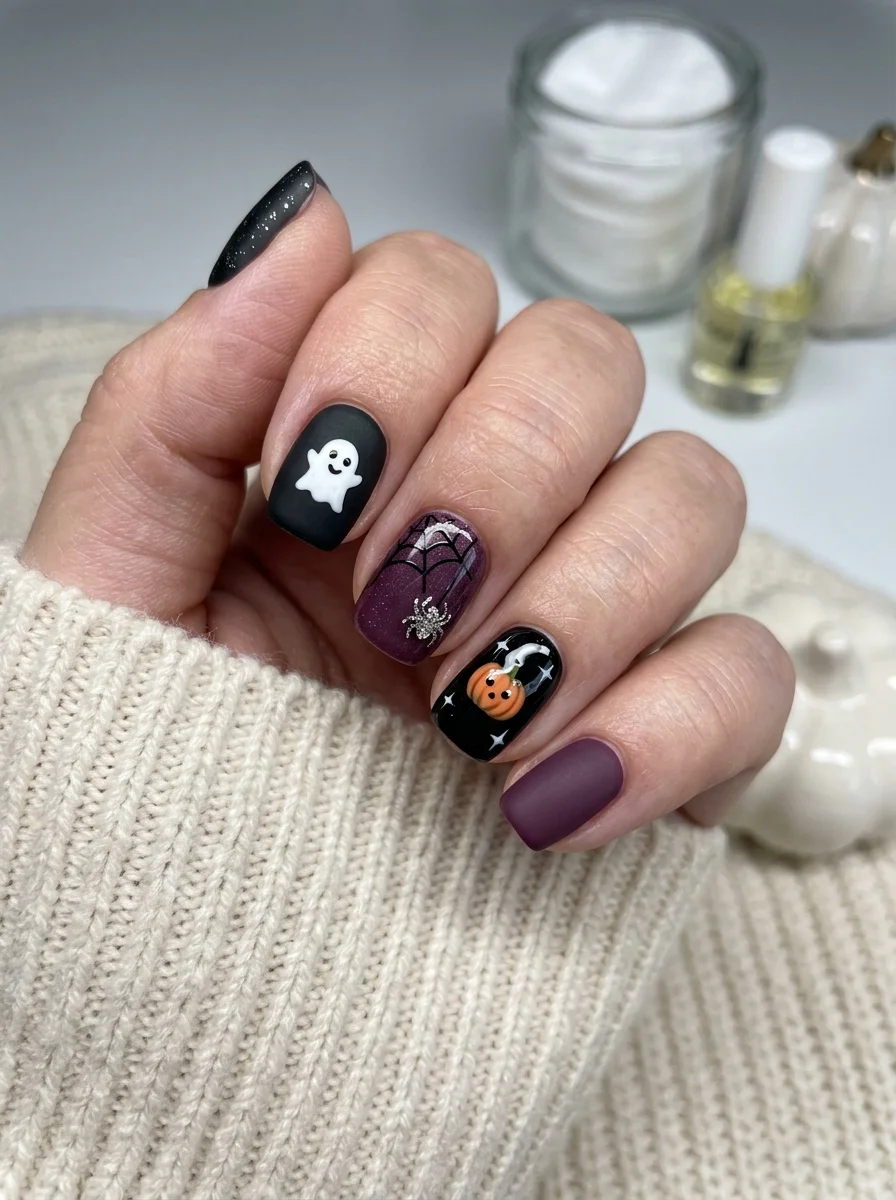 Plum and black tipped nails with small white ghost faces