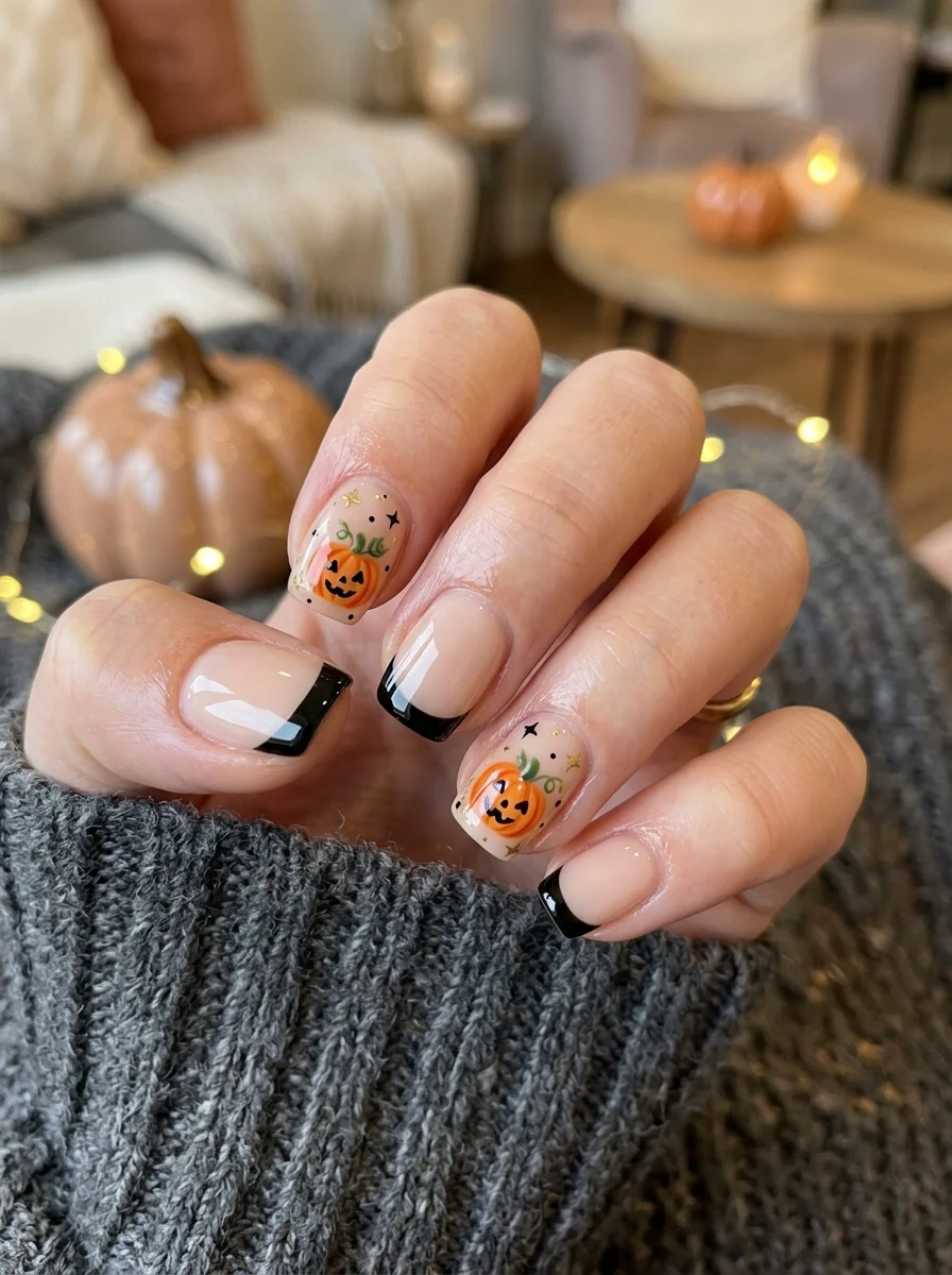 Short nails with small painted pumpkins on a warm nude base