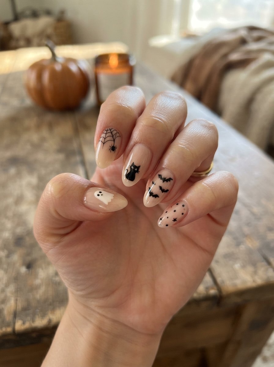 Simple Halloween nails in soft neutral tones with a single dark accent nail