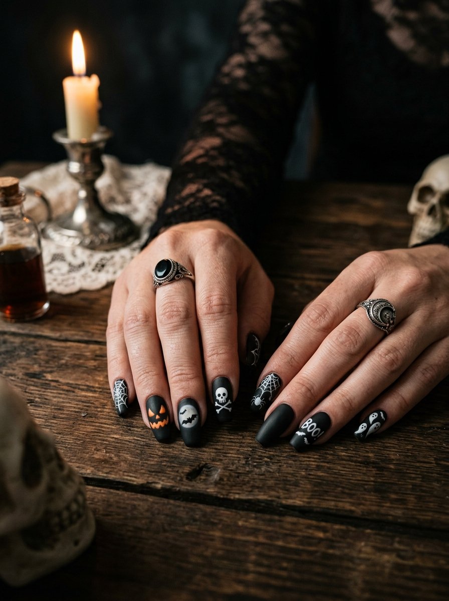 Long dark grey nails with gothic detailing, photographed by candlelight