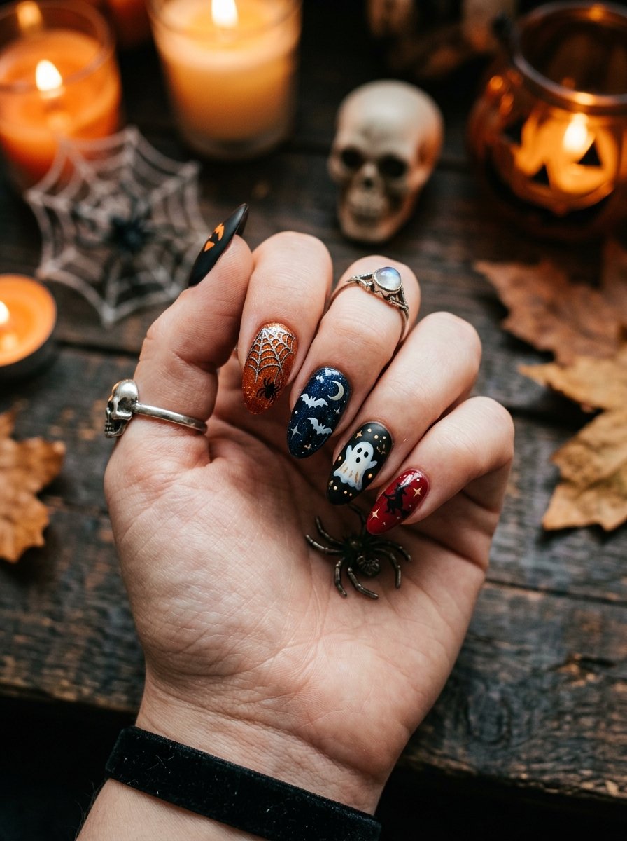 Gothic Halloween nails with ghost art, styled with skulls and candles