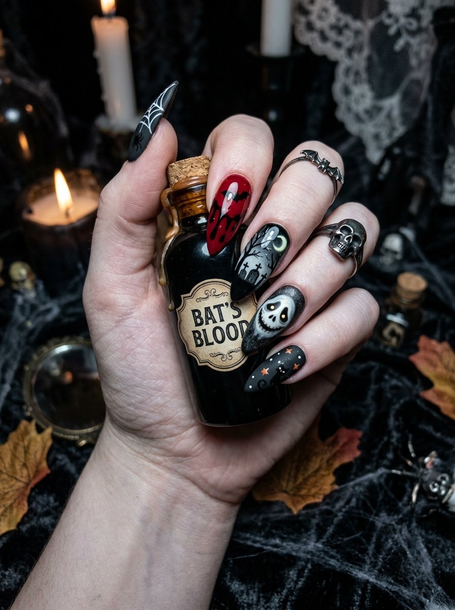 Long black gothic nails with potion-bottle styling and spiderweb backdrop