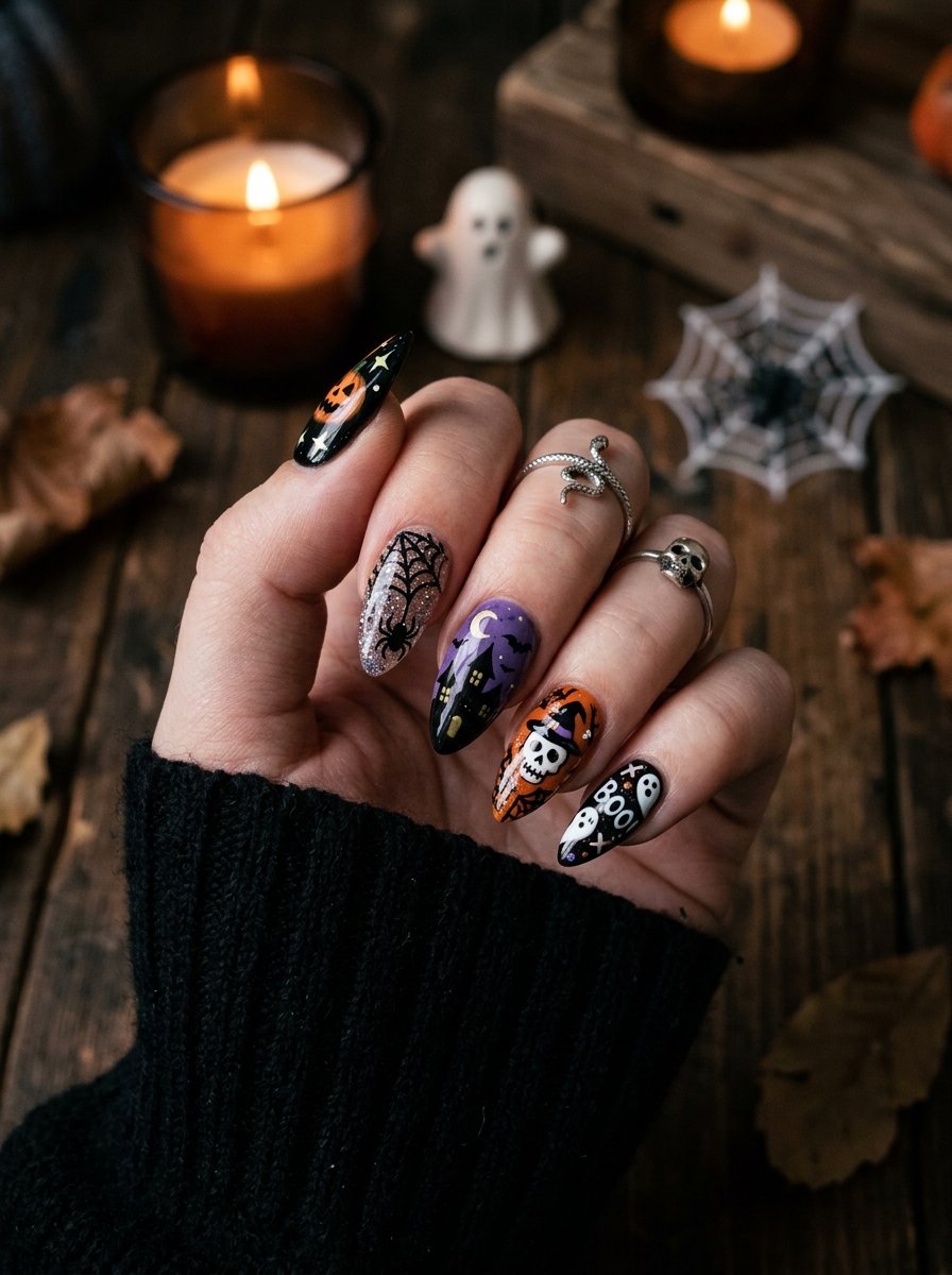 Dark Halloween nails with pumpkin and ghost art against a spiderweb backdrop