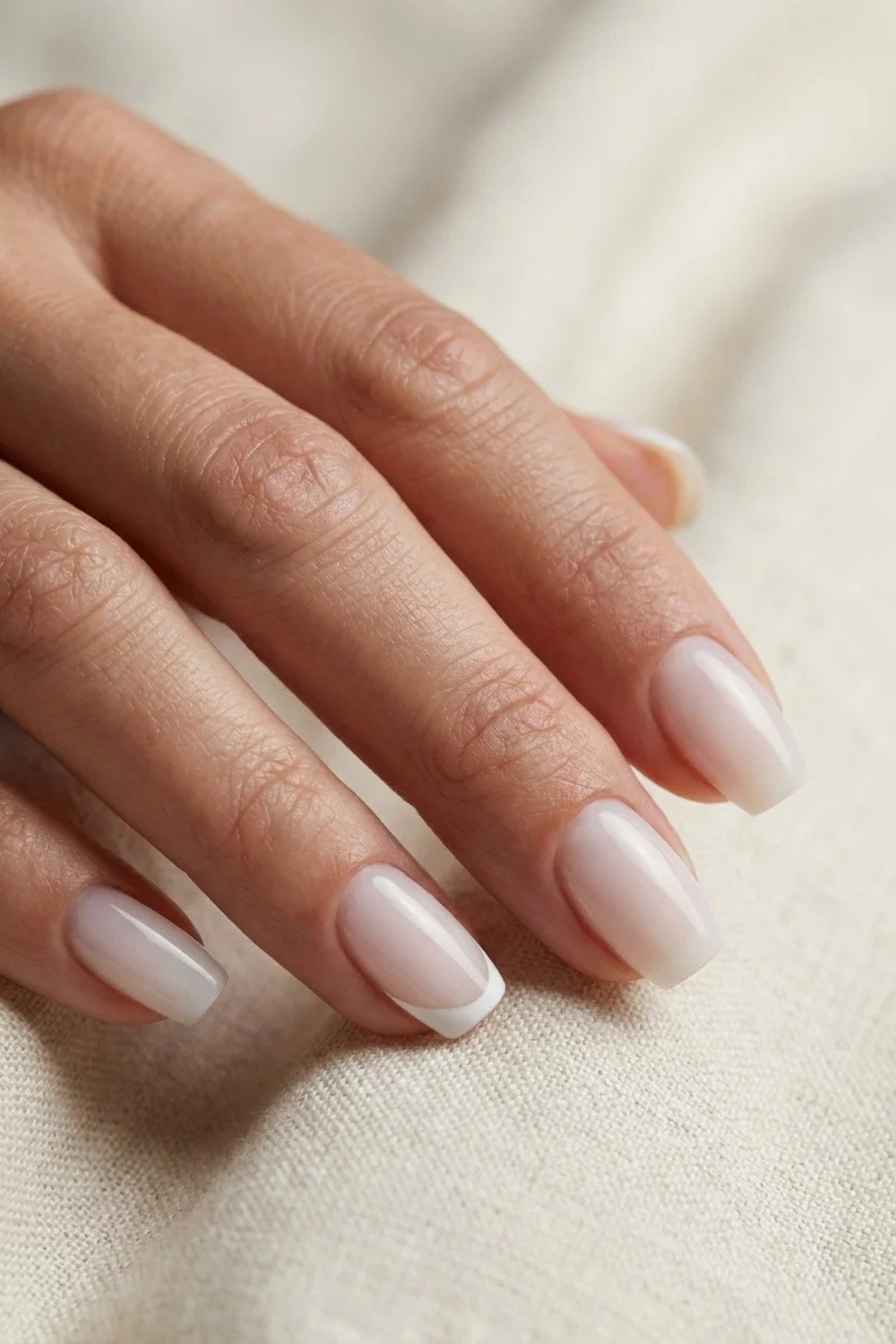 Sheer milky white manicure on short nails